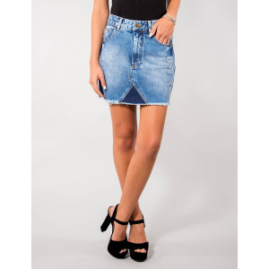 Saia Jeans Atacado Cintura Alta Destroyed e Barra Desfiada