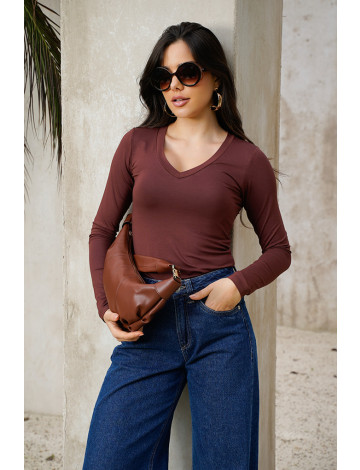 Blusa Manga Longa Atacado Feminina Revanche Adriele Marrom Escuro