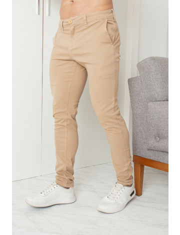 Calça Chino Sarja Com Bolso Embutido Atacado Masculina Revanche Pernes Caqui