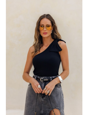 Blusa Ombro Só Com Laço Rib Atacado Feminina Revanche Forquilha Preto