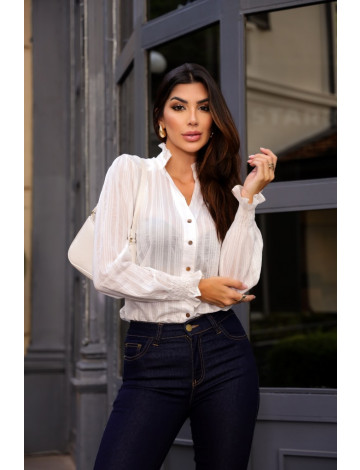 Camisa Manga Bufante e Babados Atacado Feminina Revanche Laya Off-White