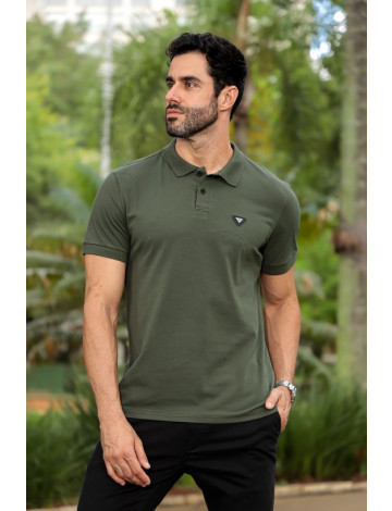 Camiseta Polo Com Elastano e Plaquinha Atacado Masculino Revanche Goure Verde Musgo