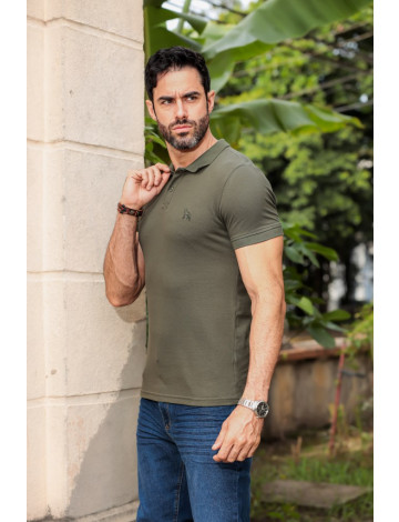 Camiseta Polo Bordado Com Elastano Atacado Masculino Revanche Durazno Verde Musgo