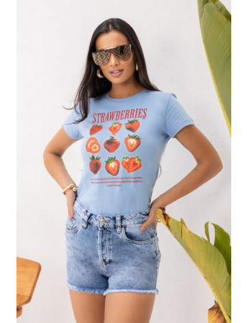 Camiseta Estampada Strawberries Atacado Feminina Revanche Kerala Azul Serenity