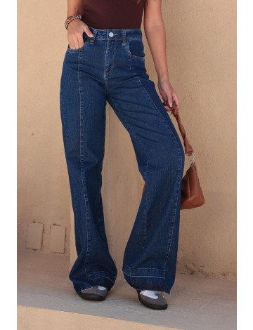Calça Jeans Wide Leg Com Recorte Atacado Feminina Revanche Bostra Azul