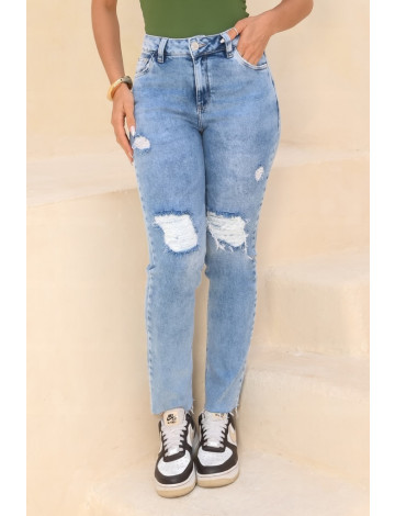Calça Jeans Fit Reta Destroyed e Barra A Fio Atacado Feminina Revanche Minnesota Azul