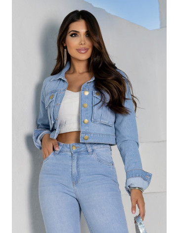 Jaqueta jeans cropped atacado feminina Revanche Izola Azul
