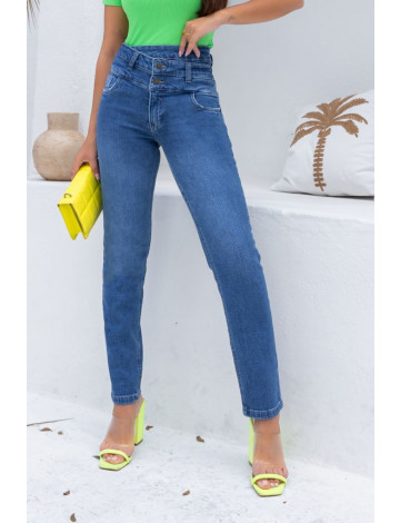 Calça jeans reta com cós diferenciado atacado feminina Revanche Romaria Azul