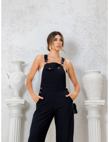 Jardineira Wide Leg Com Bolso Atacado Feminina Revanche Diffa Preto