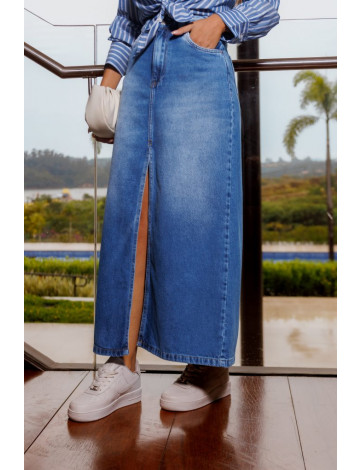 Saia Jeans Longa Com Abertura Frontal Atacado Feminina Revanche Bullas