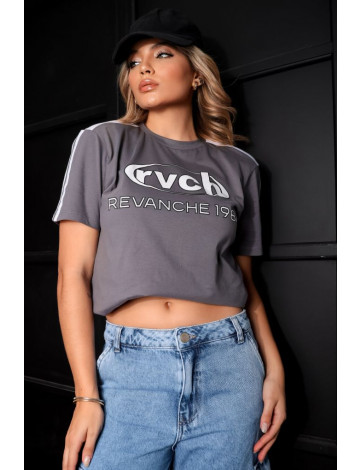 T-Shirt Oversized Estampada Atacado Feminina Revanche Algona Cinza Escuro