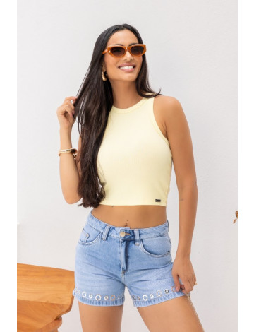 Blusa Regata Canelada Básica Atacado Feminina Revanche Pikine Amarelo Claro