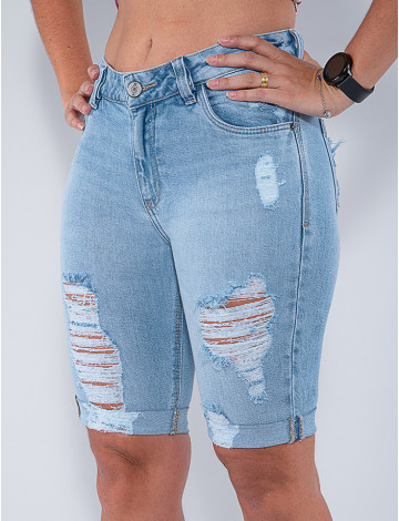 Bermuda Jeans Atacado Feminina Revanche Evariste Azul Detalhe Frente