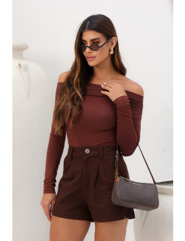 Blusa Ombro A Ombro Manga Longa Franzida Atacado Feminina Revanche Lousonna Marrom Escuro