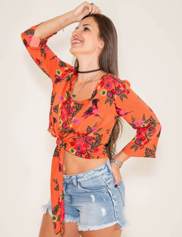 Blusa Atacado com Nó Florida Feminino revanche Walena coral 