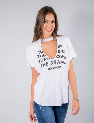 Blusa Atacado Estampada Manga Curta Decote Profundo Frontal Feminino Revanche Ravenna Branco Frente