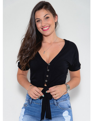 Blusa com Botões Atacado Feminina Revanche Elicia Preto Frente