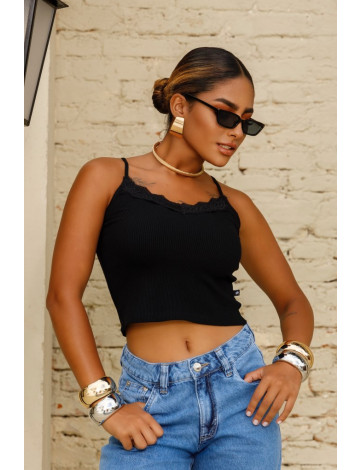 Blusa Cropped Alcinha Com Renda Atacado Feminina Revanche Alconaba Preto