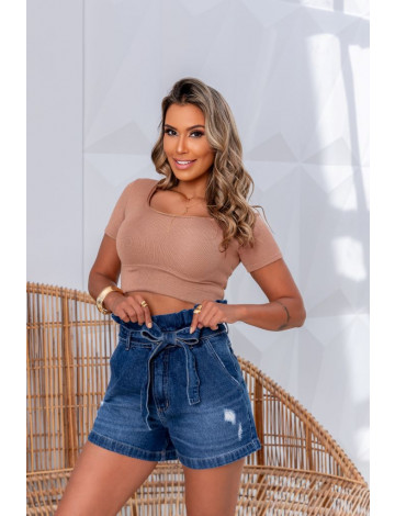 Blusa cropped de tricot com decote a fio atacado feminina Revanche Abatiá Caqui