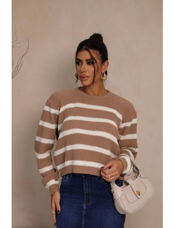 Blusa De Tricot Ampla Listrada Atacado Feminina Revanche Lanzuela Bege