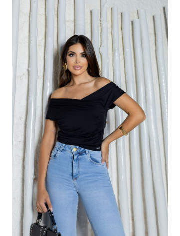 Blusa franzida com transpasse atacado feminina Revanche Jesenice Preto