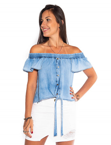 Blusa Jeans Atacado Ciganinha c/ Amarração Feminina Revanche San José Frente