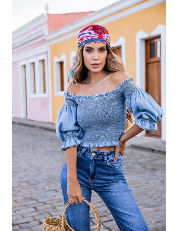 Blusa Jeans Atacado Cropped Feminina Revanche Marlene Azul Frente