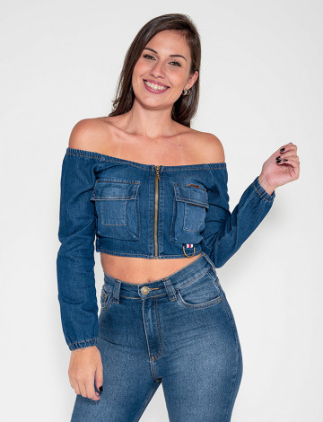Blusa jeans feminina manga hot sale longa