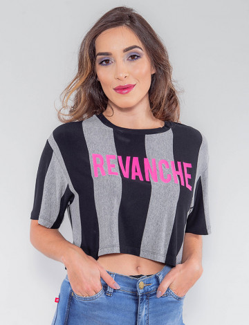 Blusa Listrada Preto Atacado Cropped Feminina Revanche Vaticano Mescla Palito Frente