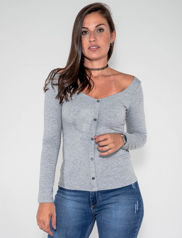 Blusa Manga Longa Atacado c/ Botões Feminina Revanche Bagdade Mescla Frente