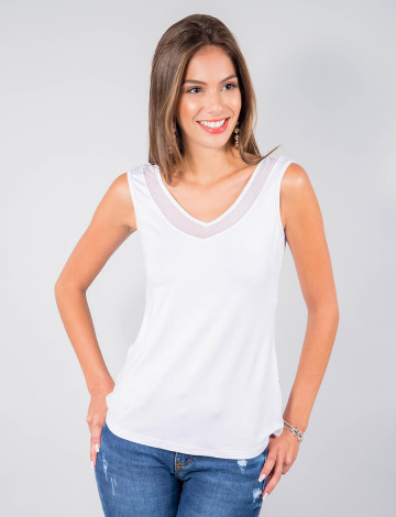 Blusa Regata Atacado Decote V Detalhe em Tule Feminino Revanche Florença Branco Frente