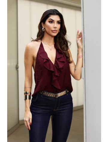Blusa De Babados Boho Frenter Unica Atacado Feminino Revanche Esmirna Vinho