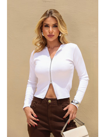 Blusa Manga Longa Abertura Frontal Com Zíper Atacado Feminina Revanche Foncea Branco