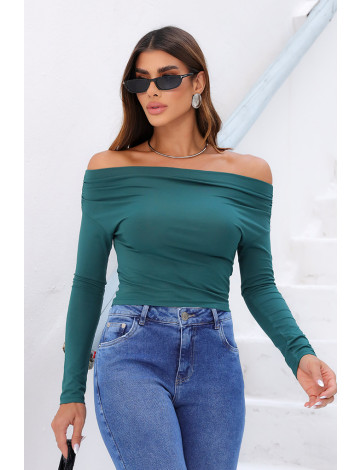 Blusa Ombro A Ombro Manga Longa Franzida Atacado Feminina Revanche Lousonna Verde Pinho