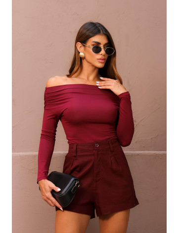 Blusa Ombro A Ombro Manga Longa Franzida Atacado Feminina Revanche Lousonna Vinho