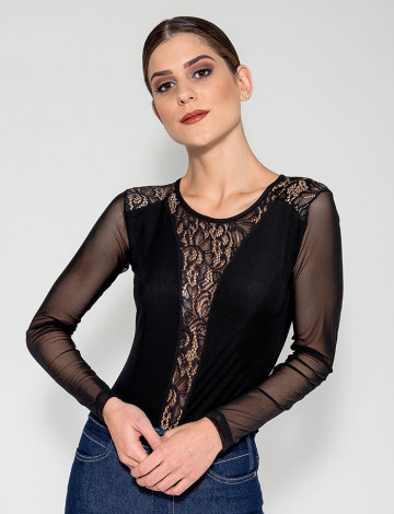 Body Atacado Decote e Renda Feminino Revanche Apura Preto Frente