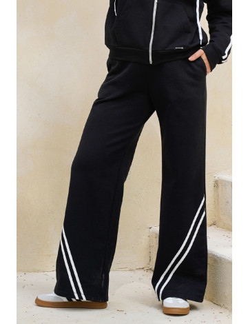 Calça Wide Leg Moletom Com Listras Atacado Feminino Revanche Farnáquia Preto