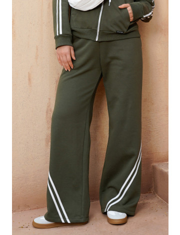 Calça Wide Leg Moletom Com Listras Atacado Feminino Revanche Farnáquia Verde Musgo