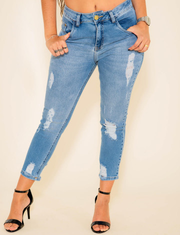 Calça jeans Atacado Cropped Mom Feminino Revanche Yvet Azul Frente