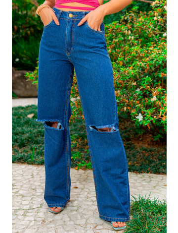Calça Jeans Atacado Wide Leg Feminina Revanche Malu Azul Frente