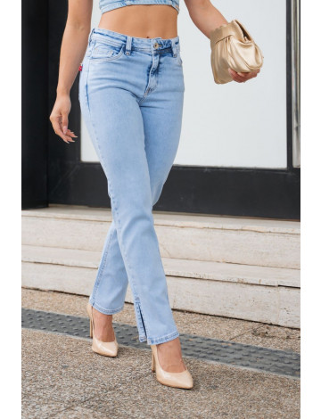 Calça Jeans Reta Com Abertura Lateral Atacado Feminina Revanche Cornwall Azul 