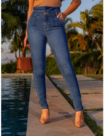 Calça jeans skinny com cós duplo e pence atacado feminina Revanche Barentu Azul