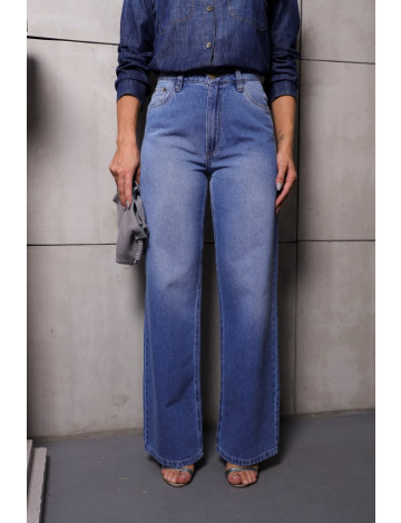 Calça Jeans Wide Leg Barra Normal Atacado Feminina Revanche Florínea Azul