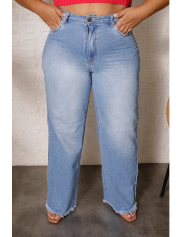 Calça Jeans Wide Leg Com Barra Desfiada Curvy Atacado Feminina Revanche Laikipia Azul