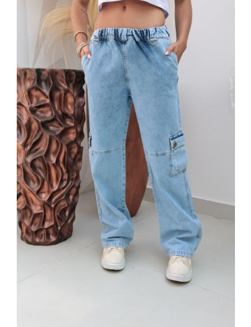 Calça Jeans Wide Leg Com Bolso Cargo e Elástico Atacado Feminina Revanche Codajás Azul