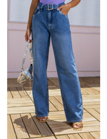 Calça Jeans Wide Leg Com Cinto Fivela Quadrada Atacado Feminina Revanche Felida Azul