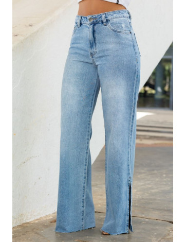 Calça Jeans Wide Leg Com Fenda Lateral e Barra A Fio Atacado Feminina Revanche Bejucal