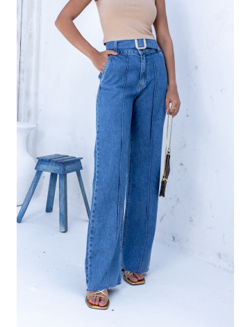 Calça Jeans Wide Leg Com Frizo e Cinto Fivela Atacado Feminina Revanche Dagana 