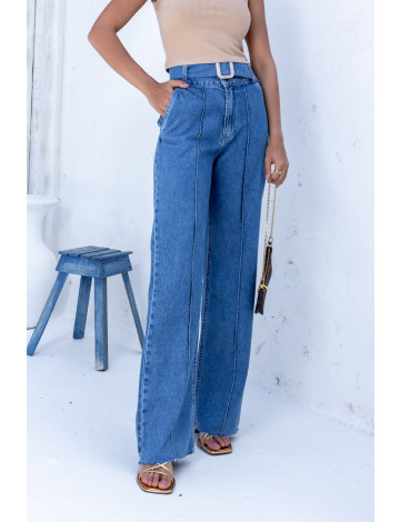 Calça Jeans Wide Leg Com Frizo e Cinto Fivela Atacado Feminina Revanche Dagana Azul