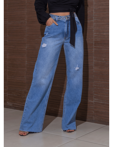 Cal a Jeans Wide Leg Com Pedrarias E Barra A Fio Atacado Feminina